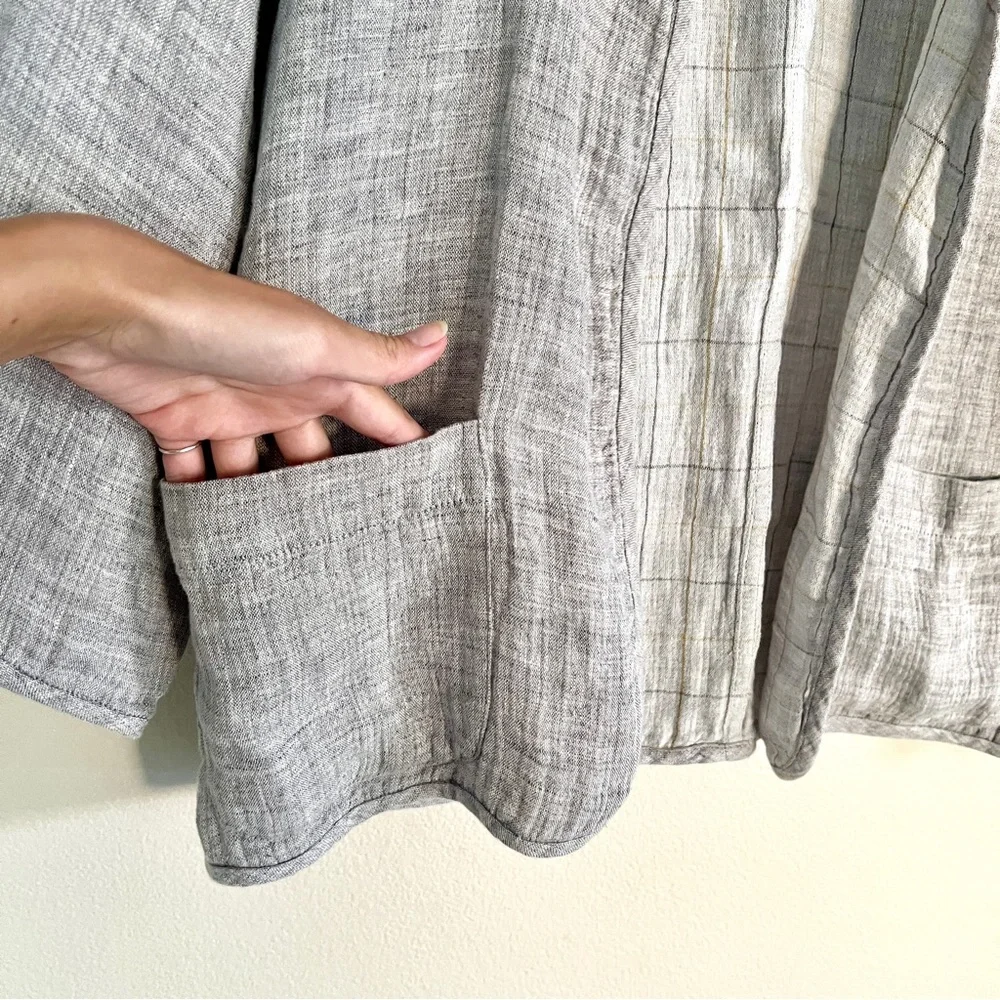 EILEEN FISHER Check Linen Round Neck Jacket in Dark Pearl Grey
